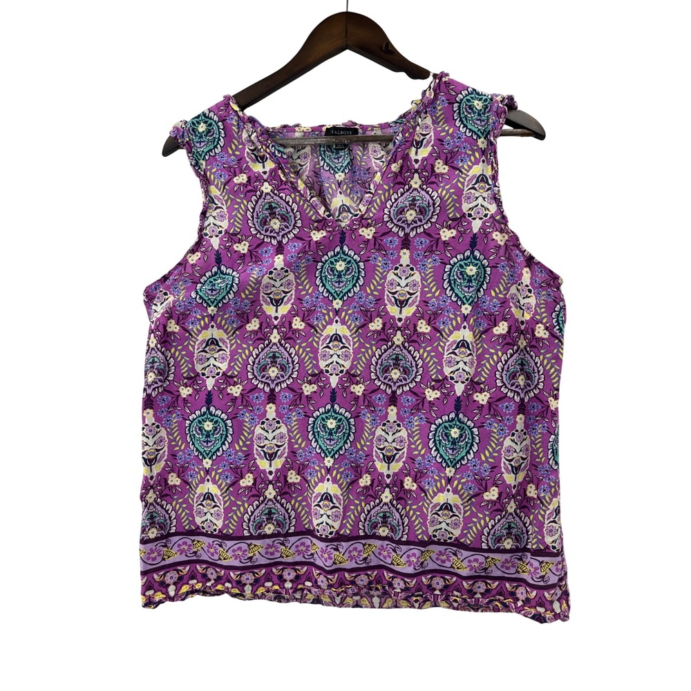 Talbots Womens Purple Paisley Print Sleeveless V Neck Top Size L